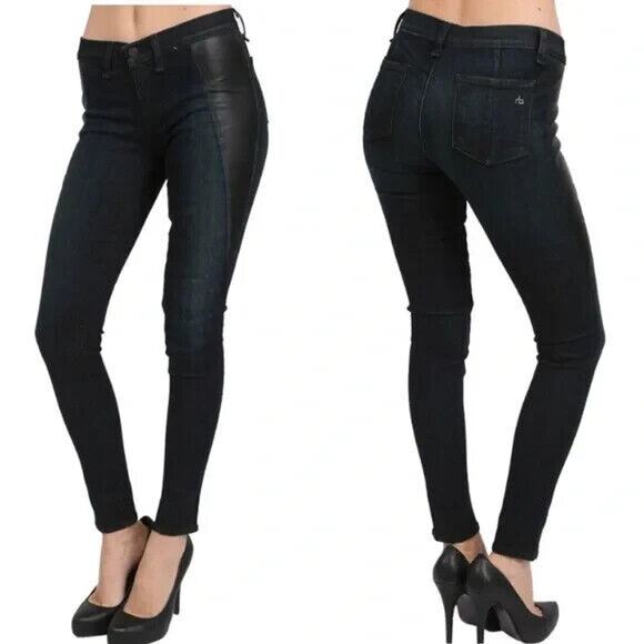 Rag & Bone Pop Jegging Women 25 Midnight Denim Lamb Leather Panel Stretch Skinny - Picture 12 of 13